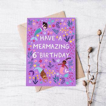 Mermaid Birthday Card, Girls 6th Birthday Card, 2 of 3