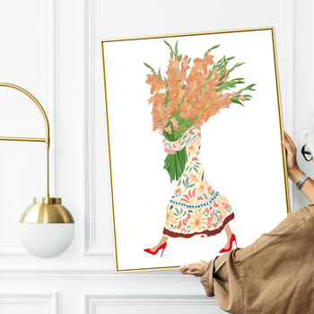 Custom Boho Dress Woman Holding Flowers Art Print, 3 of 9