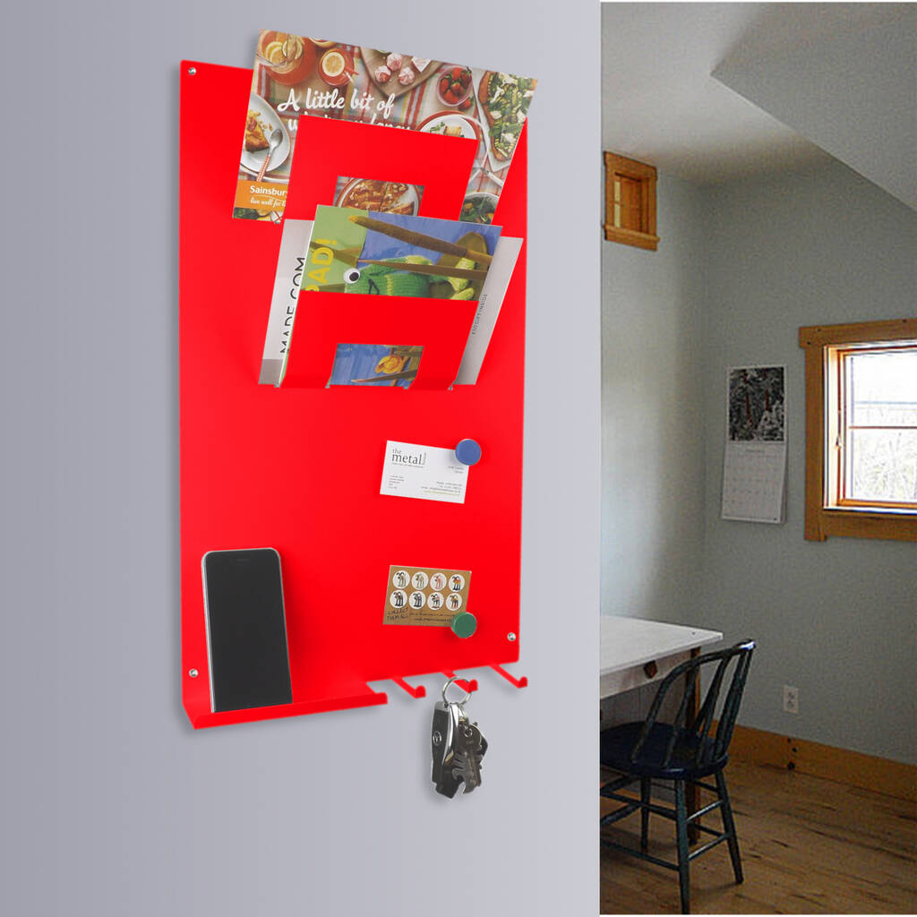 3 in 1 Red Wall Mounted Memo Board Letter Rack and Key Holder
