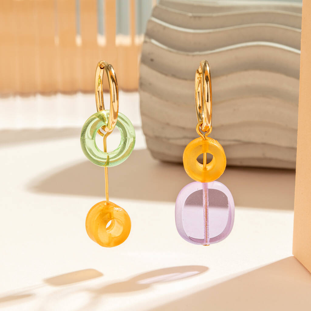 Orange, Lilac And Green Mismatched Hoop Earrings, 1 of 2