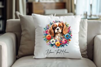 Personalised King Charles Spaniel Summer Floral Dog Wreath Cushion And Mug Gift Bundle, 4 of 4