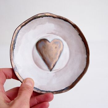 A Handmade Wedding Gold Heart Ceramic Ring Dish, 9 of 11