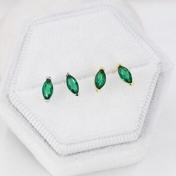 Sterling Silver Marquise Emerald Green Stud Earrings, 4 of 11