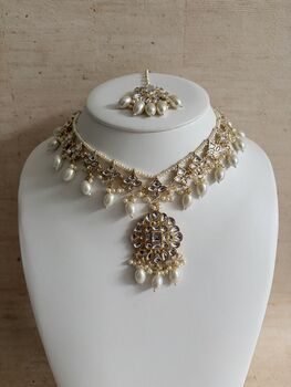 White Gold Kundan Pearl Set Necklace, Earrings And Tikka, 2 of 12