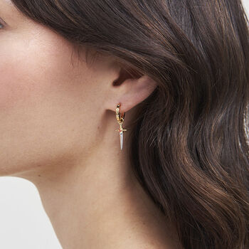 Gold Rose And Dagger Huggie Earrings, 2 of 9