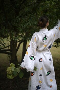 Long Organic Cotton Robe: White With Multi Coloured Mini Eye, 2 of 7