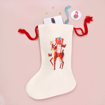 Retro Reindeer Linen Christmas Stocking, 2 of 5