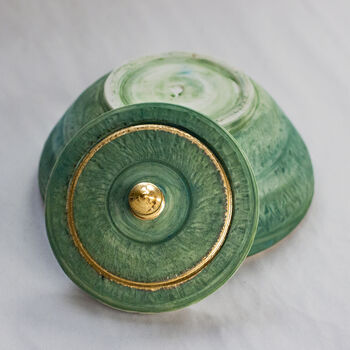 Handmade Green Porcelain Chattered Lidded Pot 24 C Gold, 4 of 5