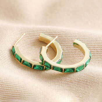 Green Baguette Crystal Hoop Earrings In Gold, 4 of 4