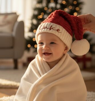 Personalised Baby Santa Christmas Knit Red Hat, 6 of 6