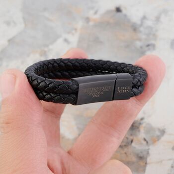 All Black Engraved Leather Bracelet, Custom Jewellery, 2 of 9