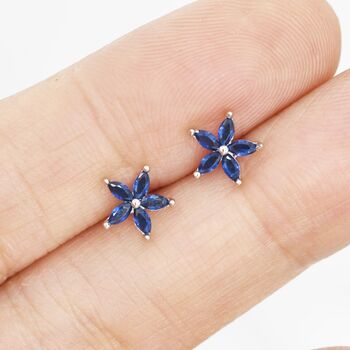 Sterling Silver Sapphire Blue Cz Flower Stud Earrings, 7 of 10