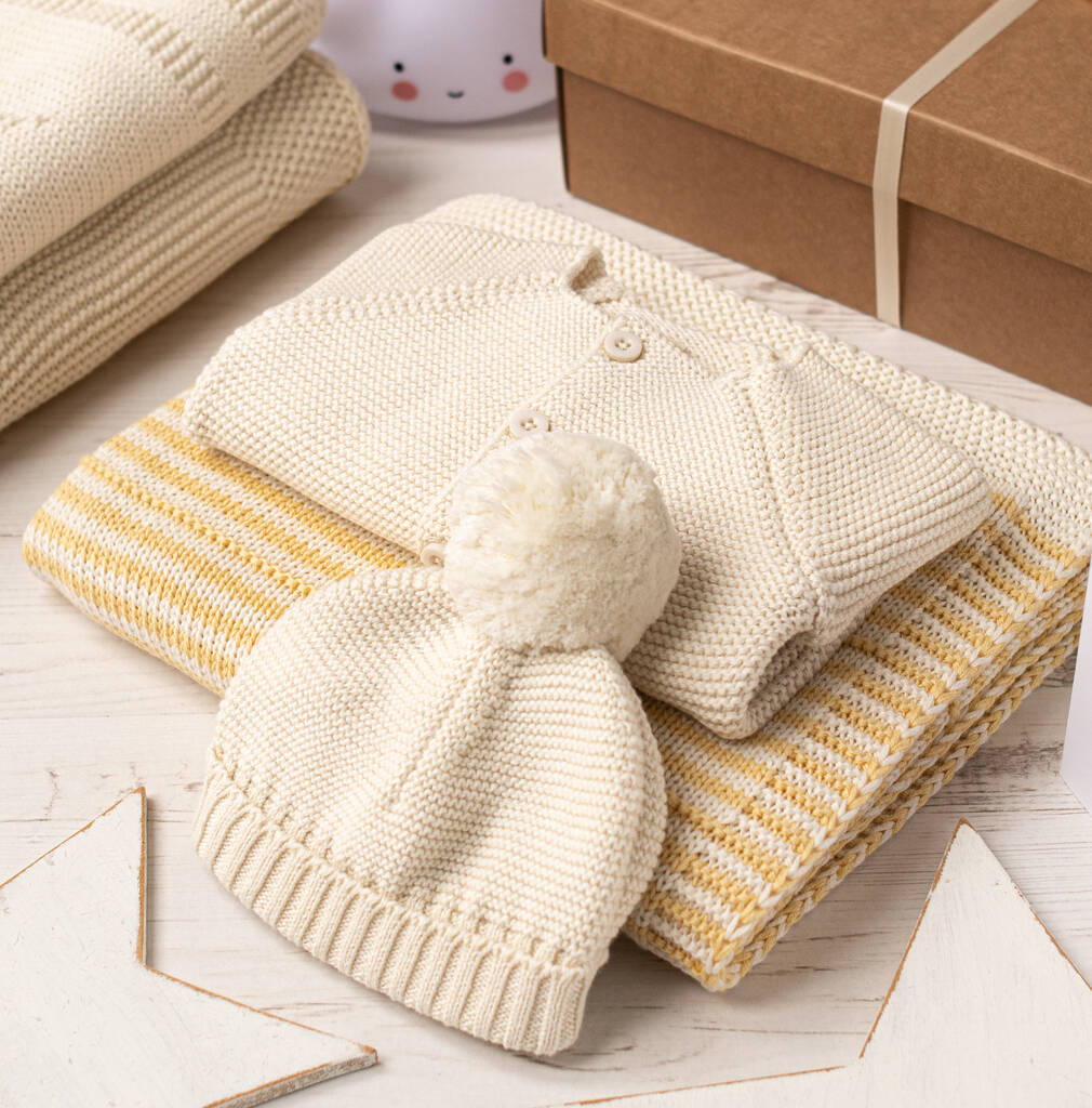 Unisex Sunny Yellow And Cream Knitted Baby Gift Box, 1 of 11