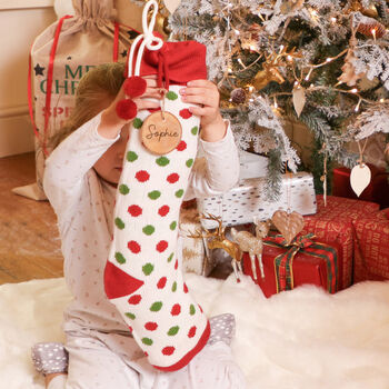 Personalised Polka Dot Knitted Stocking With Pom Poms, 4 of 9