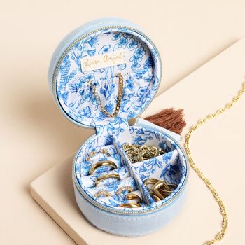 Personalised Blue Wildflower Mini Round Travel Jewellery Case, 2 of 3