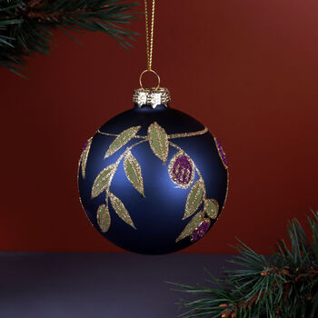 G Decor Hand Painted Glass Christmas Bauble Hanging Decoration Jewel Scrollwork Green Or Leaf And Olive Deep Blue, 3 of 4