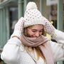 White And Pink Knitted Bobble Hat And Mittens Set, thumbnail 1 of 8