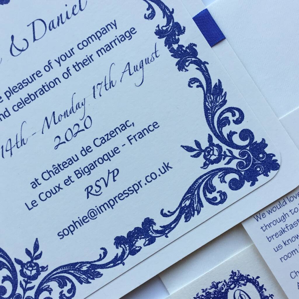 French Blue Traditional Wedding Invitation By Claryce Design
