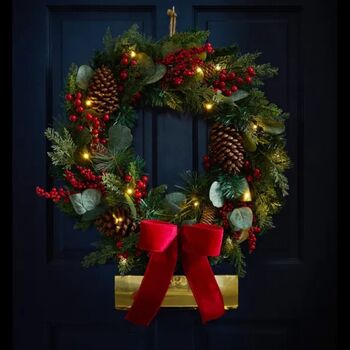 Traditional Christmas Wreath, Red Berries, Pine Cones, Eucalyptus Pine, Pre Lit, 55cm, 2 of 3