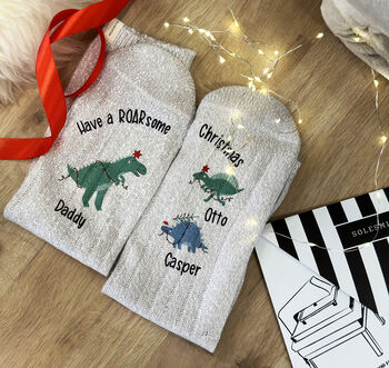 Personalised Me And You Christmas Dinosaur Socks, 4 of 7