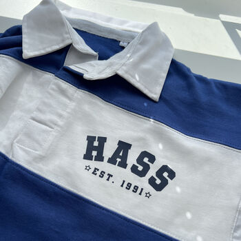 Personalised Men's Rugby Shirt Contrast Panel Stripe Custom Name And Date, 5 of 8
