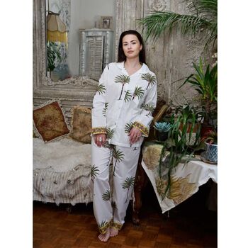 Ladies Green Palm Tree Print Cotton Pyjamas, 2 of 4