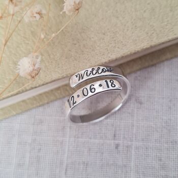 Personalised Name And Date Adjustable Silver Ring, 2 of 5