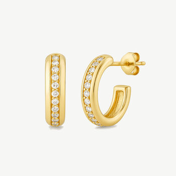 Women's Gold Thick Huggie Hoop Earrings With Sparkling Stones, 2 of 4