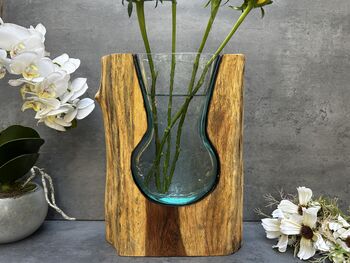 Huge Heavy 31cm Molten Glass Wedge Vase On Teak Root Flower Holder, 7 of 12