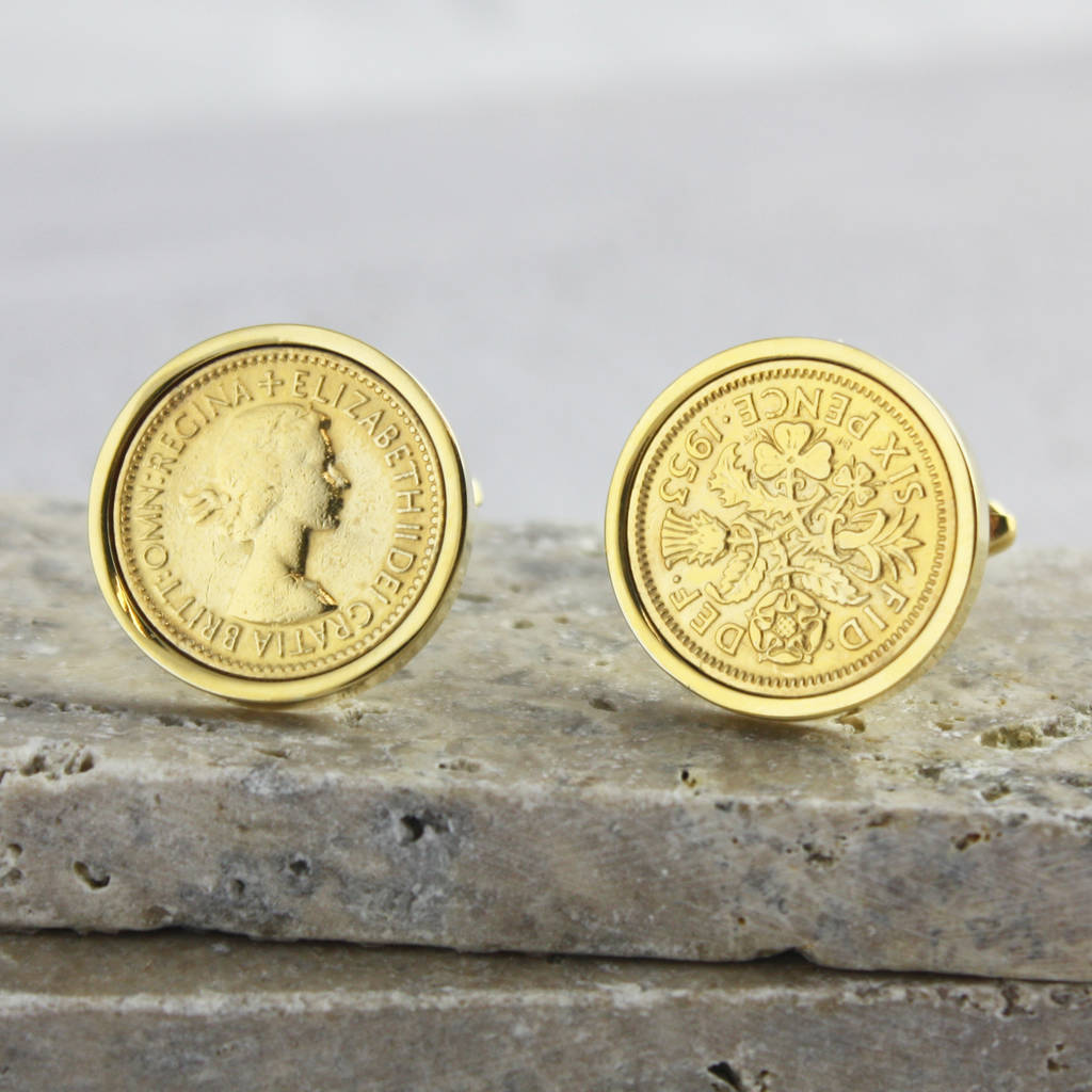 Image of Lucky Sixpence Year Coin Cufflinks Gold, Gold