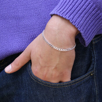 Men’s Sterling Silver Thin Square Curb Chain Bracelet, 2 of 3