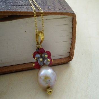 Kasumi Like Pearl Ruby Diamond Labradorite Necklace, 2 of 4