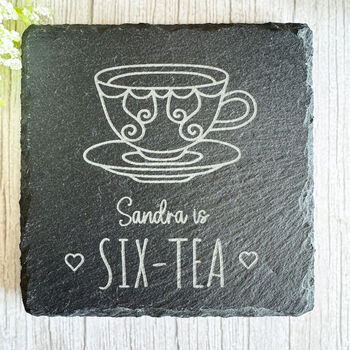 Engraved Personalised Slate Tea Coaster Name And Age Gift, 6 of 6