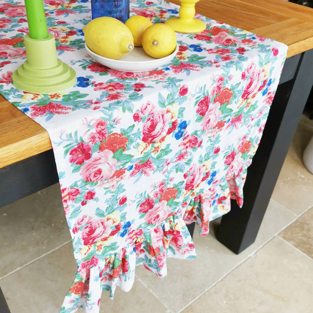 Floral Printed Extra Long Frilled Table Runner By Hearth & Heritage