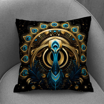 Celestial Aviary Art Deco Peacock Poly Linen Cushion, 5 of 6