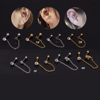 Gold Double Piercing Screwback Chain Earring, 2 of 5