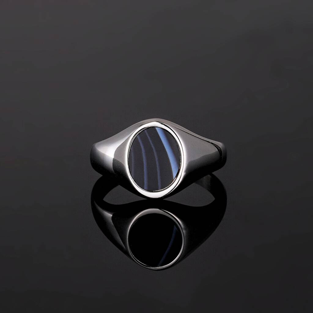 Men's Silver White Line Onyx Oval Gemstone Signet Ring, 1 of 8