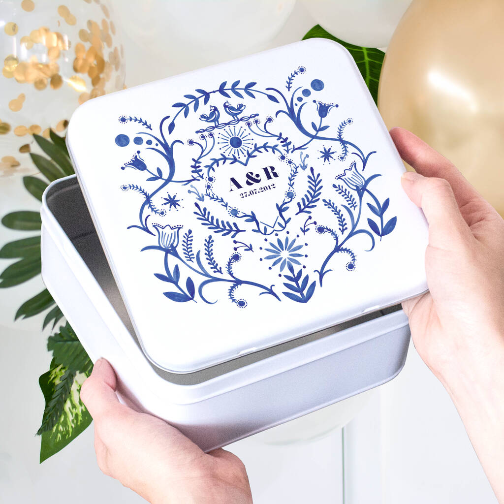 Personalised Blue And White Anniversary Tin, 1 of 5