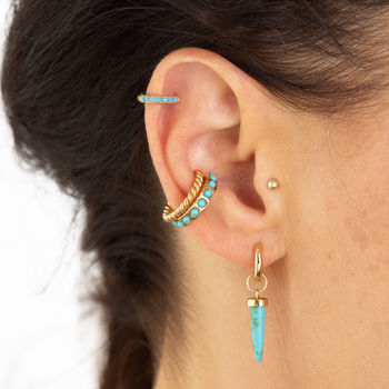 Huggie Hoop Earrings With Turquoise Stones, 4 of 10