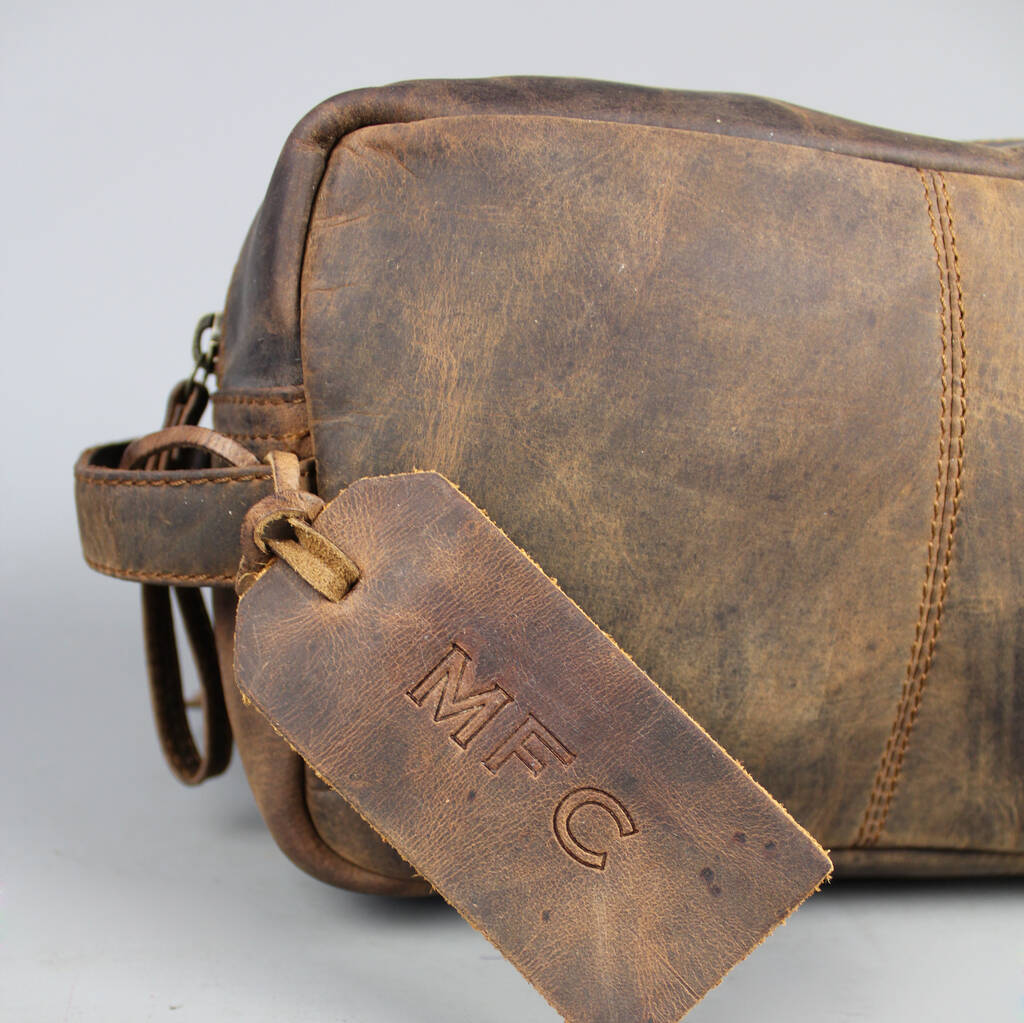 mens brown leather wash bag