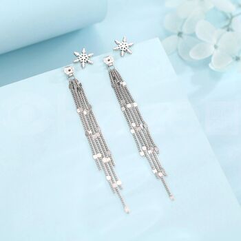 Snowflake Dangle Drop Stud Earrings In Sterling Silver With Sparkle Tassels, 4 of 9