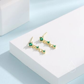 Emerald Green Triple Cz Dangle Chain Stud Drop Earrings, 2 of 11