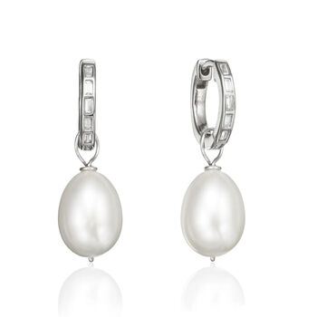 Diamond Style Baguette Pearl Drop Hoop Earrings, 4 of 6