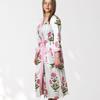 White And Pink Flower Print Cotton Dressing Gown Kimono, 4 of 10