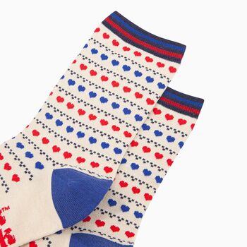 Women's Bamboo Socks Cream Blue Red Hearts Fair Isle, 3 of 4