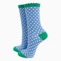 Women's Glitter Socks Denim Blue Green Polka Dots, thumbnail 3 of 4