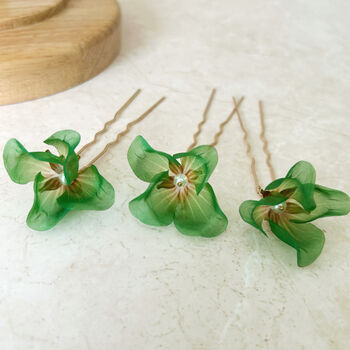 Vibrant Green Flower Hair Pins, 2 of 5