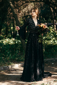 Black Lace Wedding Dress With Bell Sleeves And Train, 6 of 12