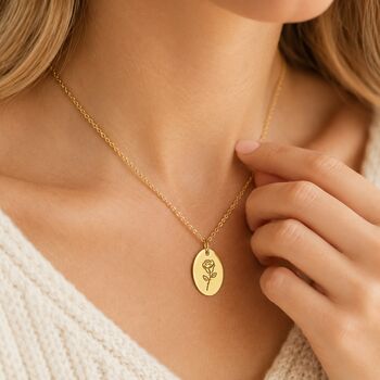 Personalised Oval Pendant Birth Flower With Engrave, 2 of 8