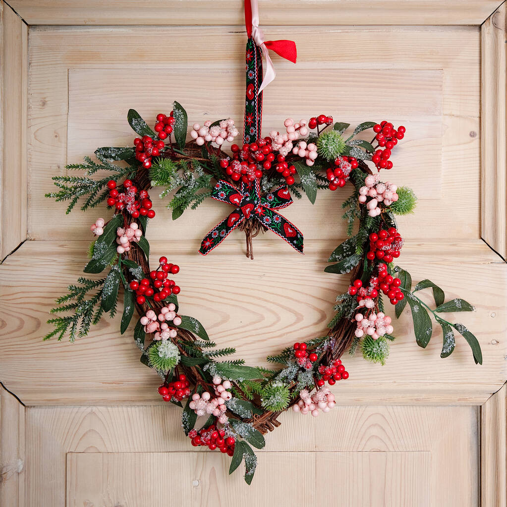 Pre Lit Red Berry Heart Christmas Wreath, 1 of 2